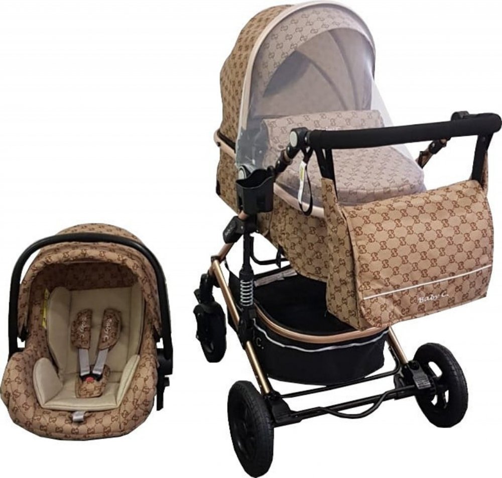 Baby Care Carucior pentru copii Pro 531 Bej Maro 3 in 1 Transformabil Cadru Aluminiu Amortizoare Roti din cauciuc Spatar reglabil 3 trepte Plasa insecte Geanta