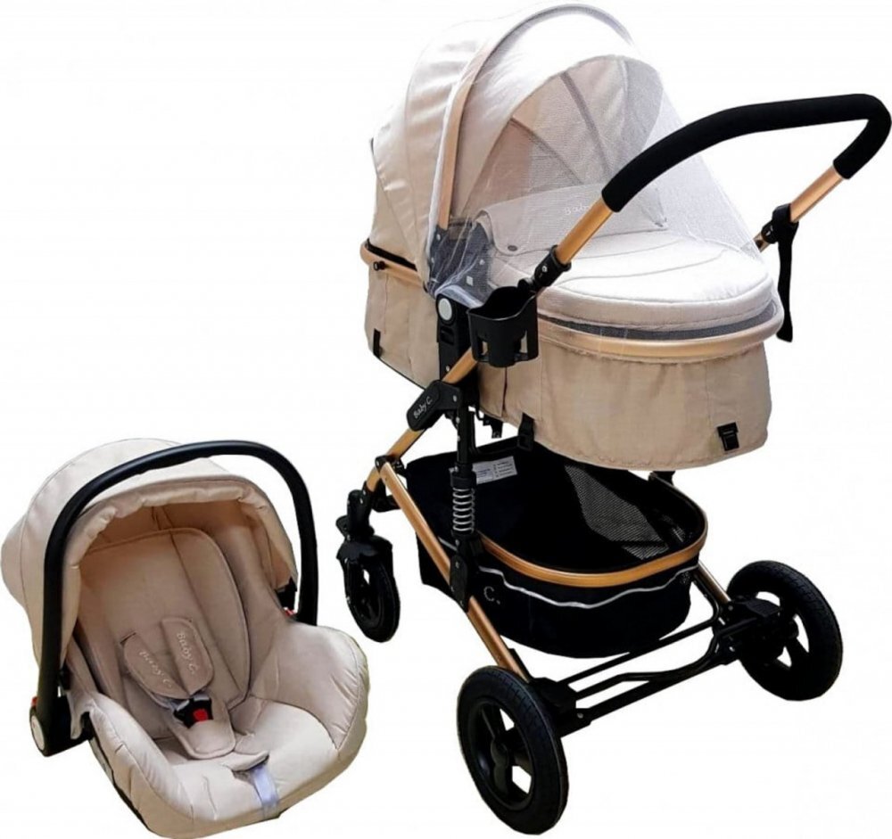 Baby Care Carucior pentru copii PRO 531 Crem 3 in 1 Cadru Aluminiu Amortizoare Roti din cauciuc plin Landou Scoica auto Spatar reglabil 3 trepte Plasa insecte
