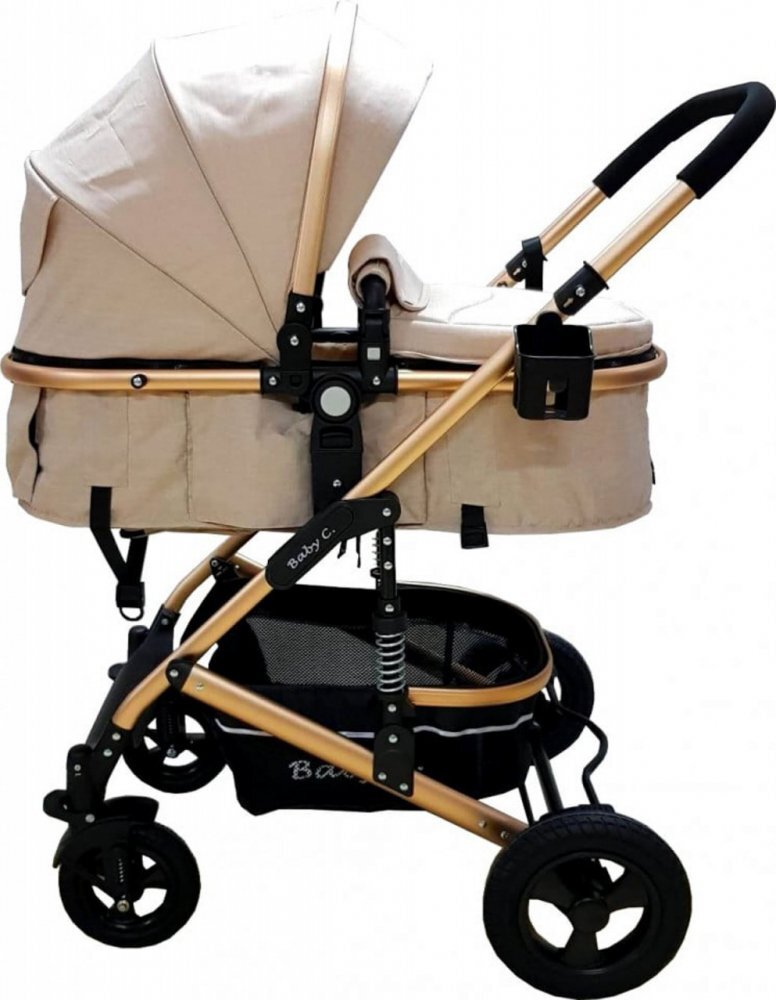 Baby Care Carucior pentru copii PRO 531 Crem 3 in 1 Cadru Aluminiu Amortizoare Roti din cauciuc plin Landou Scoica auto Spatar reglabil 3 trepte Plasa insecte