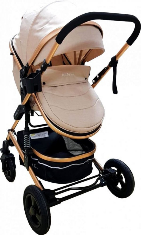 Baby Care Carucior pentru copii PRO 531 Crem 3 in 1 Cadru Aluminiu Amortizoare Roti din cauciuc plin Landou Scoica auto Spatar reglabil 3 trepte Plasa insecte