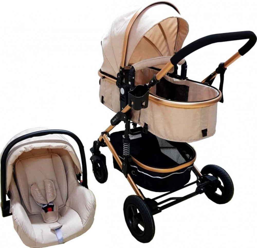 Baby Care Carucior pentru copii PRO 531 Crem 3 in 1 Cadru Aluminiu Amortizoare Roti din cauciuc plin Landou Scoica auto Spatar reglabil 3 trepte Plasa insecte