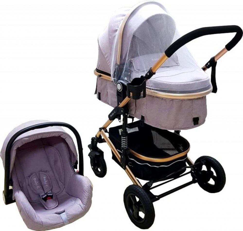 Baby Care Carucior pentru copii PRO 531 Gri 3 in 1 Cadru Aluminiu Amortizoare Roti din cauciuc plin Landou Scoica auto Spatar reglabil 3 trepte Plasa insecte