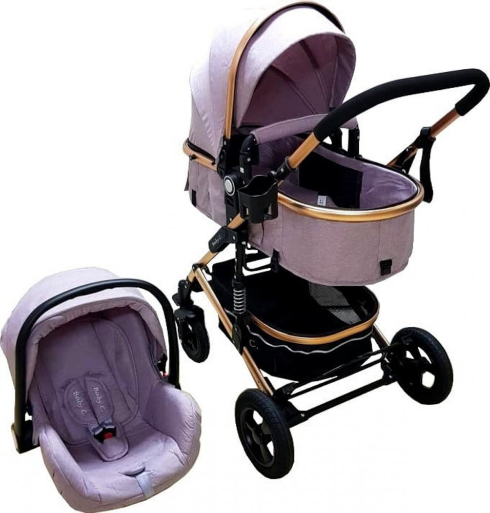 Baby Care Carucior pentru copii PRO 531 Gri 3 in 1 Cadru Aluminiu Amortizoare Roti din cauciuc plin Landou Scoica auto Spatar reglabil 3 trepte Plasa insecte