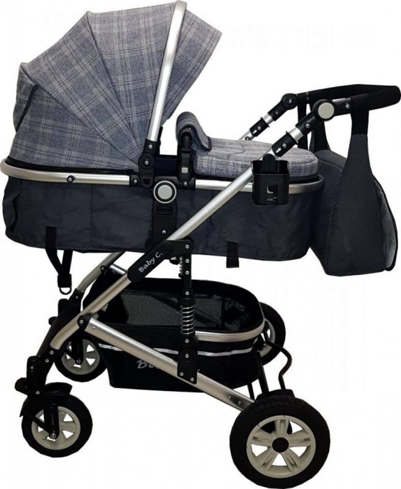 Baby Care Carucior pentru copii Pro 531 Gri Carouri 3 in 1 Transformabil Cadru Aluminiu Amortizoare Roti din cauciuc Spatar reglabil 3 trepte Plasa insecte Geanta