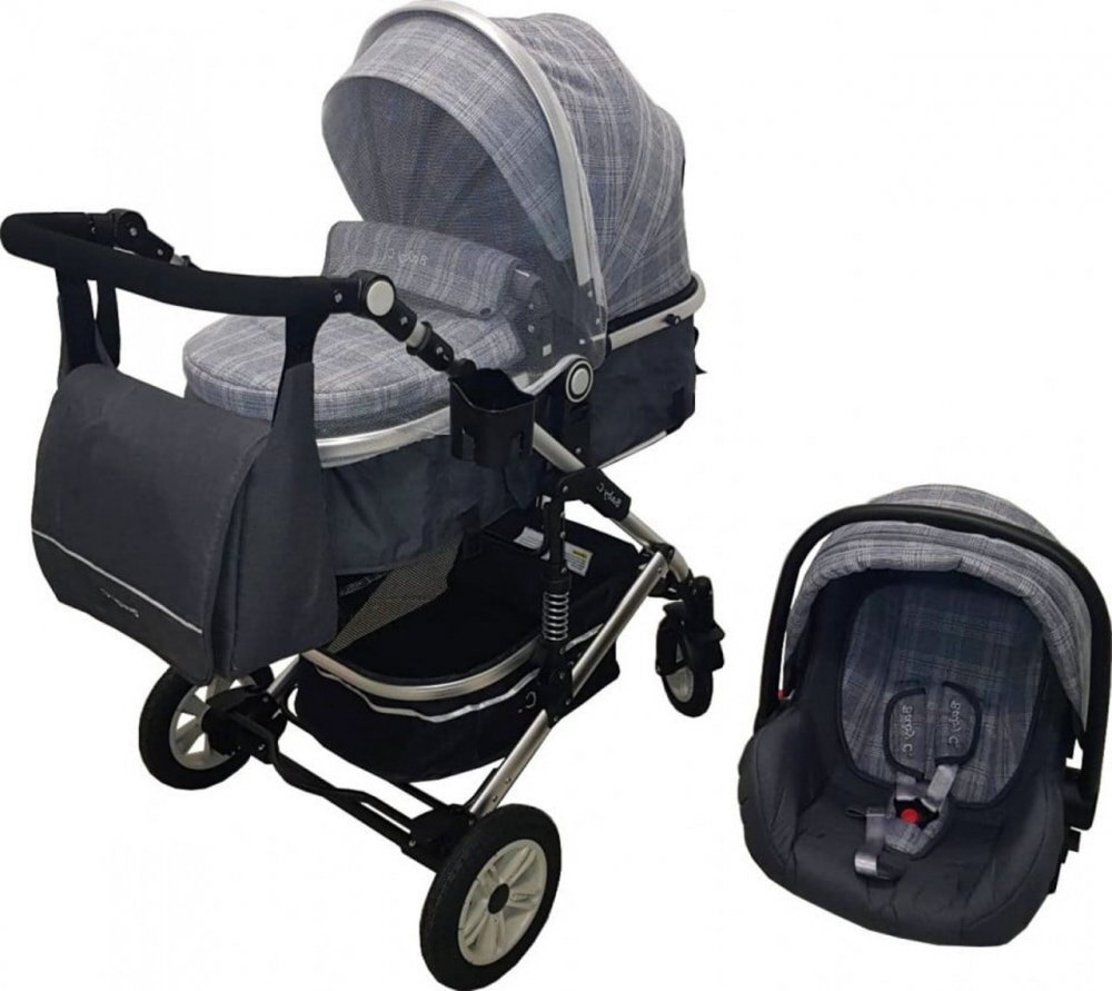 Baby Care Carucior pentru copii Pro 531 Gri Carouri 3 in 1 Transformabil Cadru Aluminiu Amortizoare Roti din cauciuc Spatar reglabil 3 trepte Plasa insecte Geanta