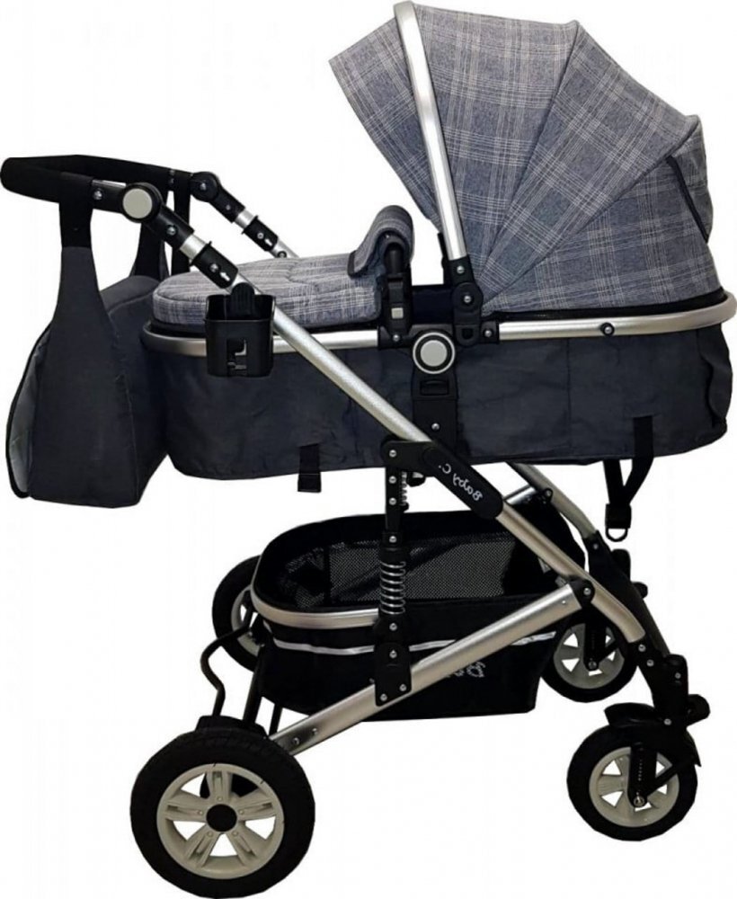 Baby Care Carucior pentru copii Pro 531 Gri Carouri 3 in 1 Transformabil Cadru Aluminiu Amortizoare Roti din cauciuc Spatar reglabil 3 trepte Plasa insecte Geanta