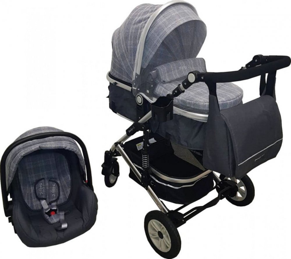 Baby Care Carucior pentru copii Pro 531 Gri Carouri 3 in 1 Transformabil Cadru Aluminiu Amortizoare Roti din cauciuc Spatar reglabil 3 trepte Plasa insecte Geanta
