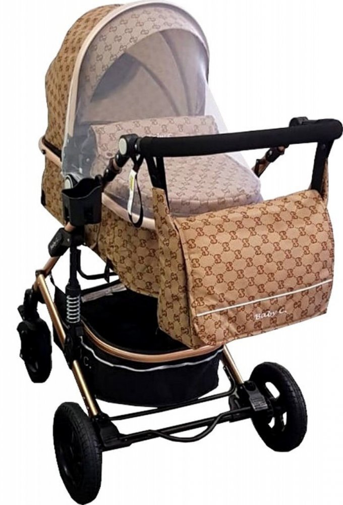 Baby Care Carucior pentru copii PRO 531 Maro 2 in 1 Cu geanta bebe Cadru Aluminiu Gold Amortizoare Roti din cauciuc plin Spatar reglabil 3 trepte Plasa insecte