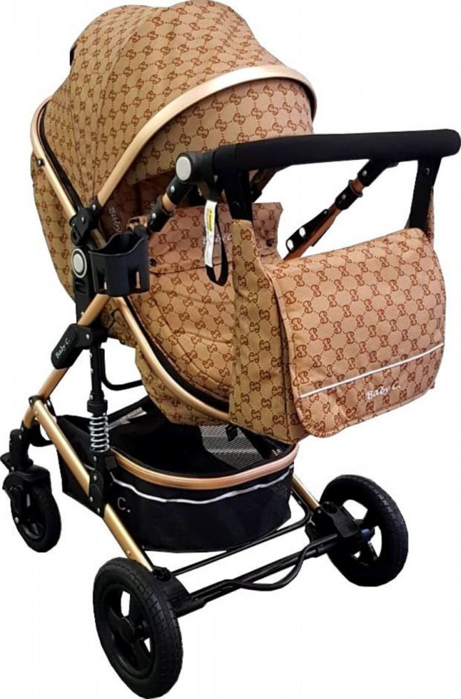 Baby Care Carucior pentru copii PRO 531 Maro 2 in 1 Cu geanta bebe Cadru Aluminiu Gold Amortizoare Roti din cauciuc plin Spatar reglabil 3 trepte Plasa insecte