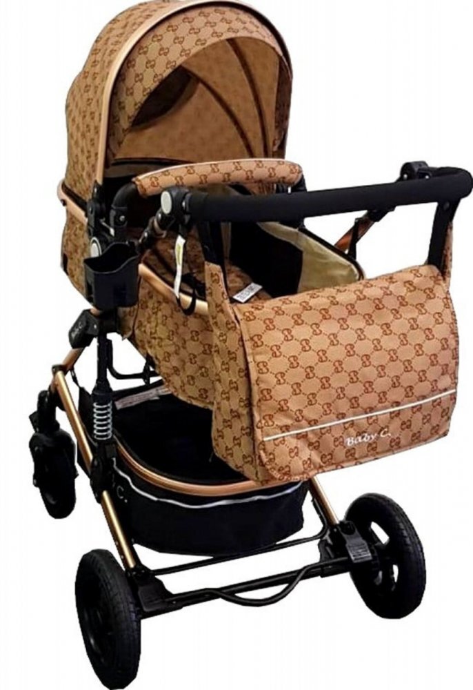 Baby Care Carucior pentru copii PRO 531 Maro 2 in 1 Cu geanta bebe Cadru Aluminiu Gold Amortizoare Roti din cauciuc plin Spatar reglabil 3 trepte Plasa insecte