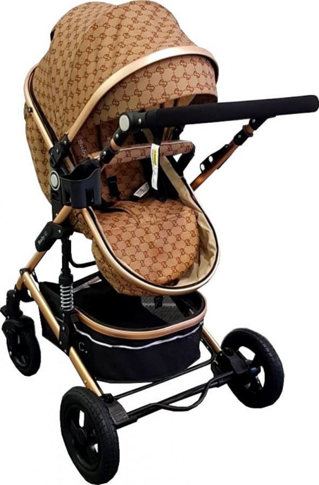 Baby Care Carucior pentru copii PRO 531 Maro 2 in 1 Cu geanta bebe Cadru Aluminiu Gold Amortizoare Roti din cauciuc plin Spatar reglabil 3 trepte Plasa insecte