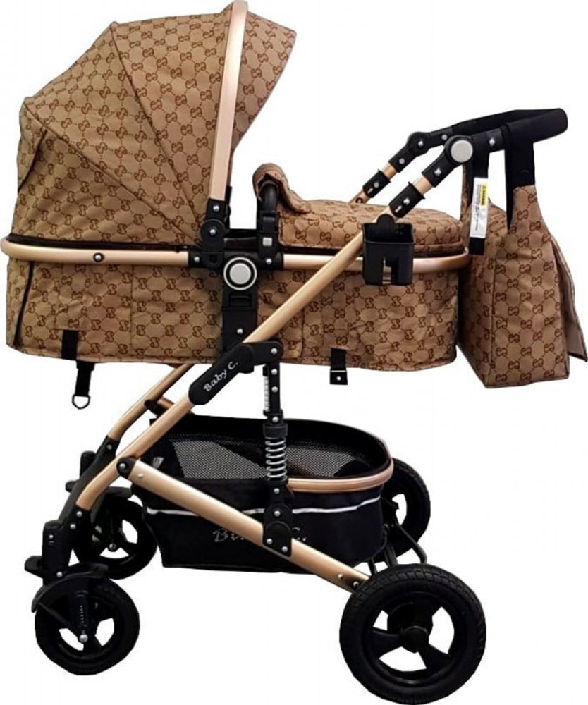 Baby Care Carucior pentru copii PRO 531 Maro 2 in 1 Cu geanta bebe Cadru Aluminiu Gold Amortizoare Roti din cauciuc plin Spatar reglabil 3 trepte Plasa insecte