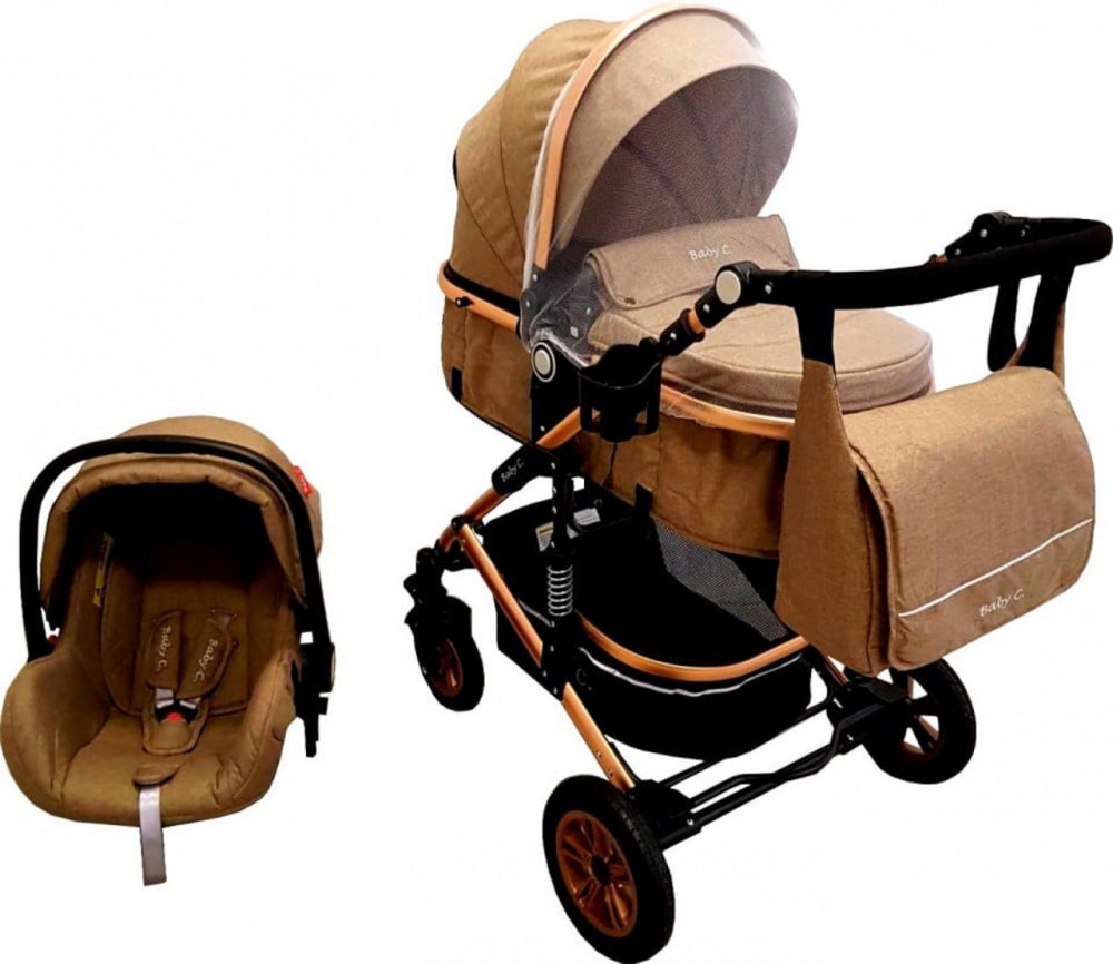 Baby Care Carucior pentru copii Pro 531 Maro Cappuccino 3 in 1 Transformabil Cadru Aluminiu Amortizoare Roti din cauciuc Spatar reglabil 3 trepte Plasa insecte Geanta