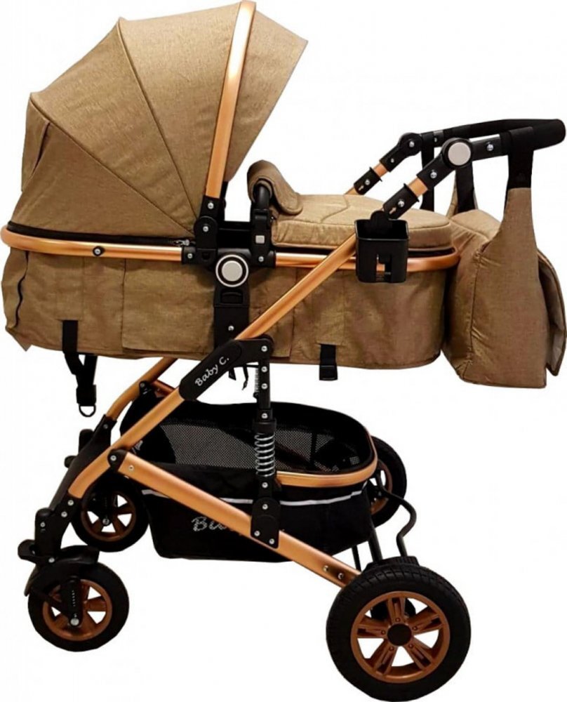 Baby Care Carucior pentru copii Pro 531 Maro Cappuccino 3 in 1 Transformabil Cadru Aluminiu Amortizoare Roti din cauciuc Spatar reglabil 3 trepte Plasa insecte Geanta