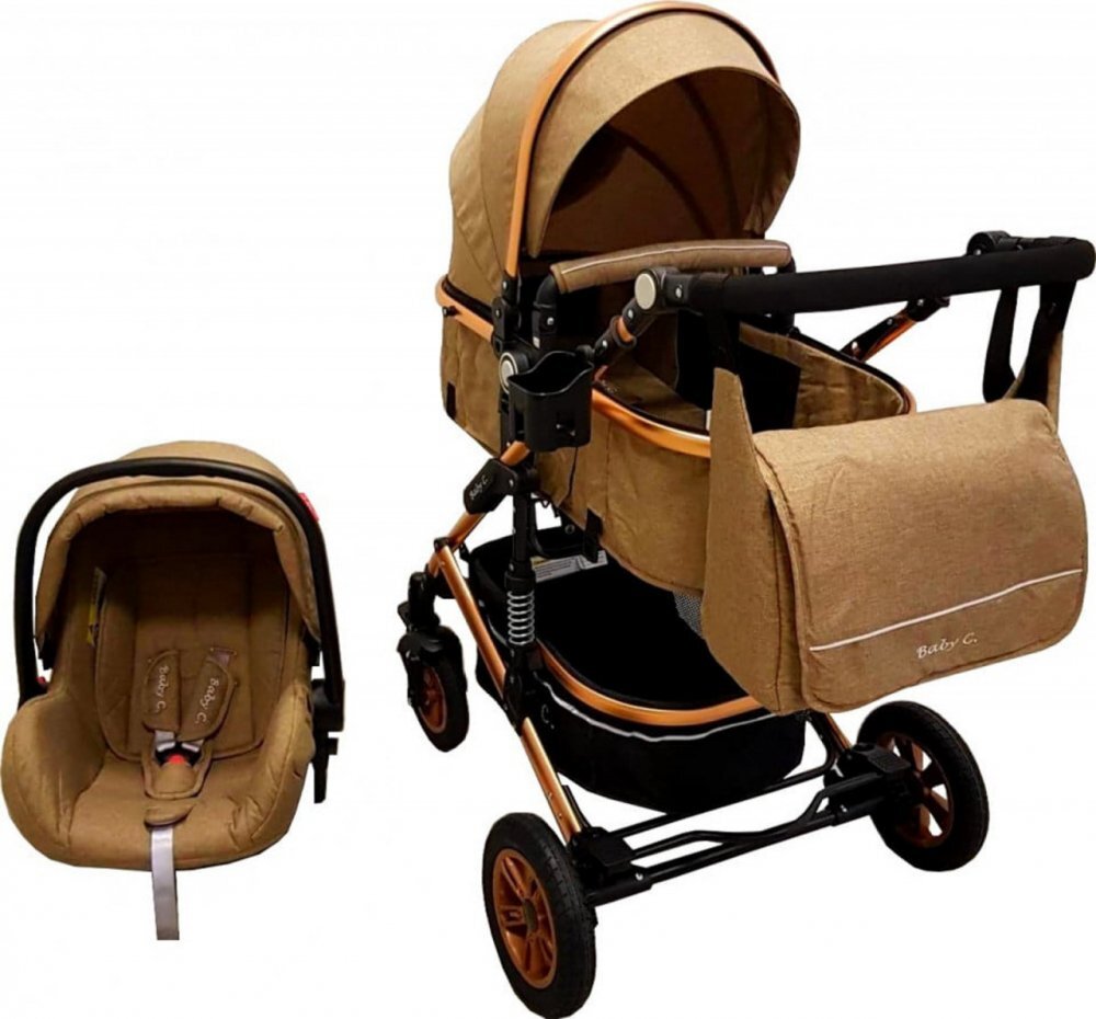 Baby Care Carucior pentru copii Pro 531 Maro Cappuccino 3 in 1 Transformabil Cadru Aluminiu Amortizoare Roti din cauciuc Spatar reglabil 3 trepte Plasa insecte Geanta