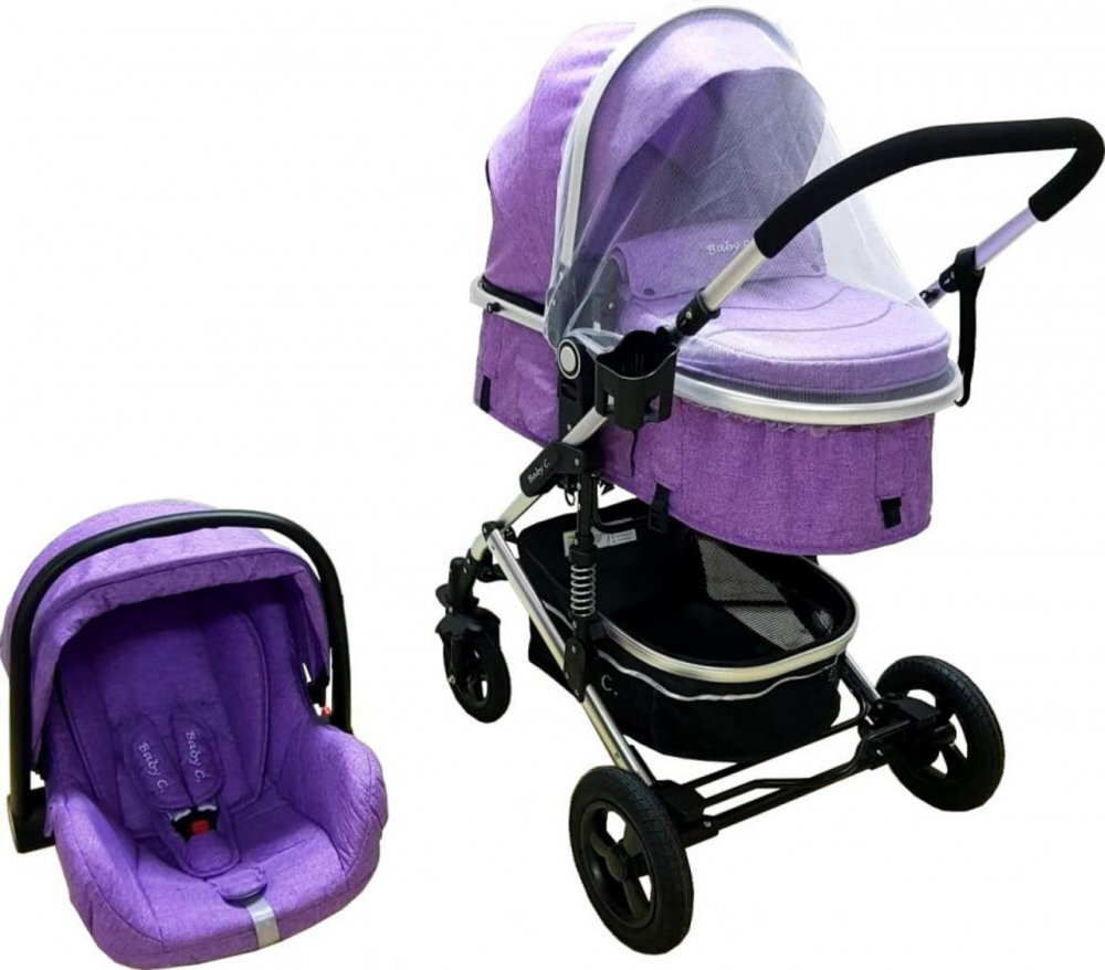 Baby Care Carucior pentru copii PRO 531 Mov 3 in 1 Cadru Aluminiu Amortizoare Roti din cauciuc plin Landou Scoica auto Spatar reglabil 3 trepte Plasa insecte