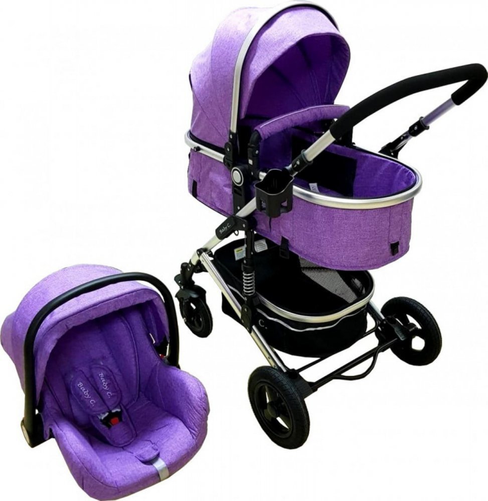 Baby Care Carucior pentru copii PRO 531 Mov 3 in 1 Cadru Aluminiu Amortizoare Roti din cauciuc plin Landou Scoica auto Spatar reglabil 3 trepte Plasa insecte