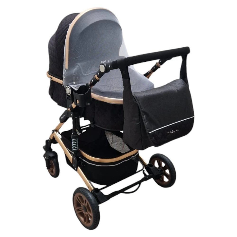 Baby Care Carucior pentru copii PRO 531 Negru 2 in 1 Cu geanta bebe Cadru Aluminiu Gold Amortizoare Roti din cauciuc plin Spatar reglabil 3 trepte Plasa insecte