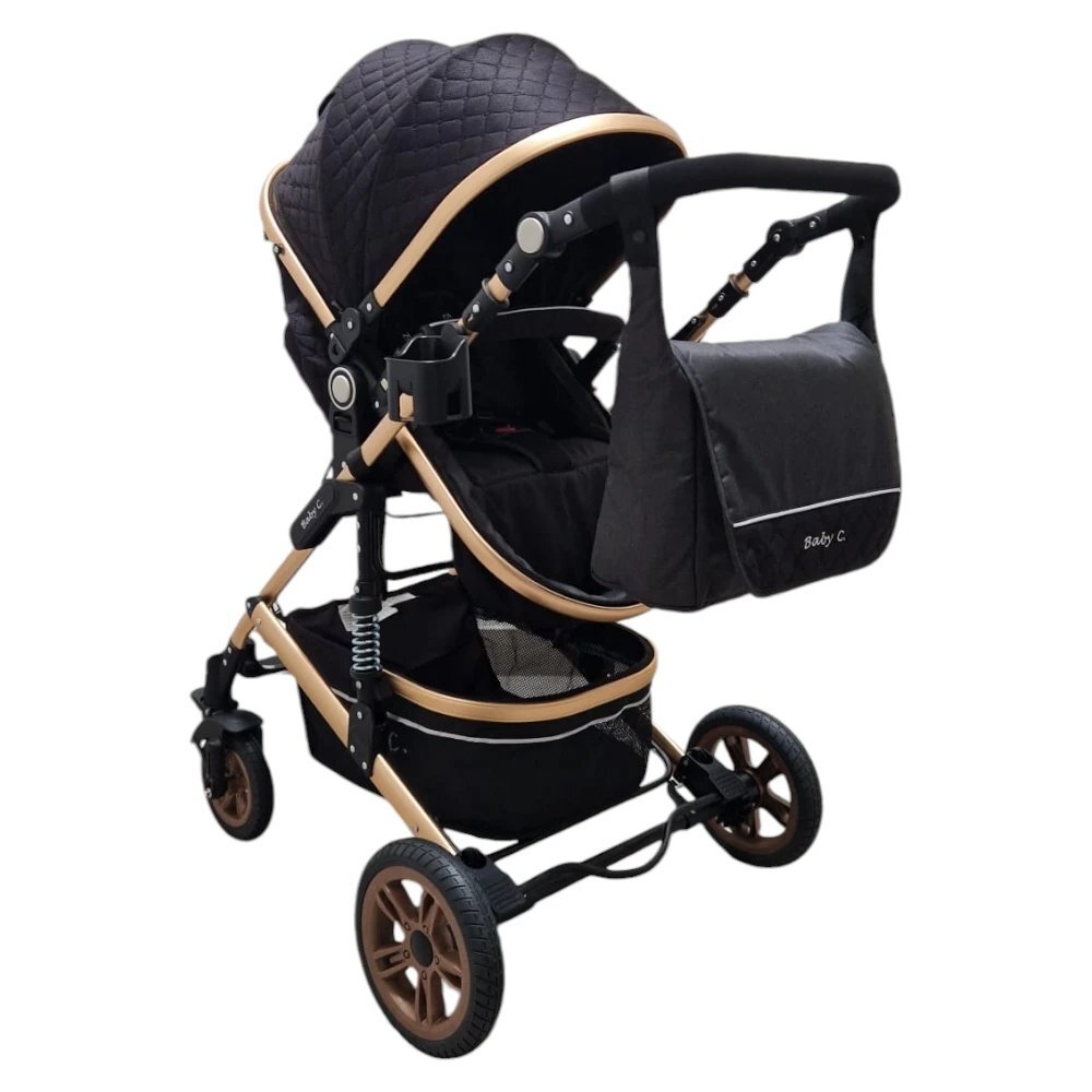 Baby Care Carucior pentru copii PRO 531 Negru 2 in 1 Cu geanta bebe Cadru Aluminiu Gold Amortizoare Roti din cauciuc plin Spatar reglabil 3 trepte Plasa insecte