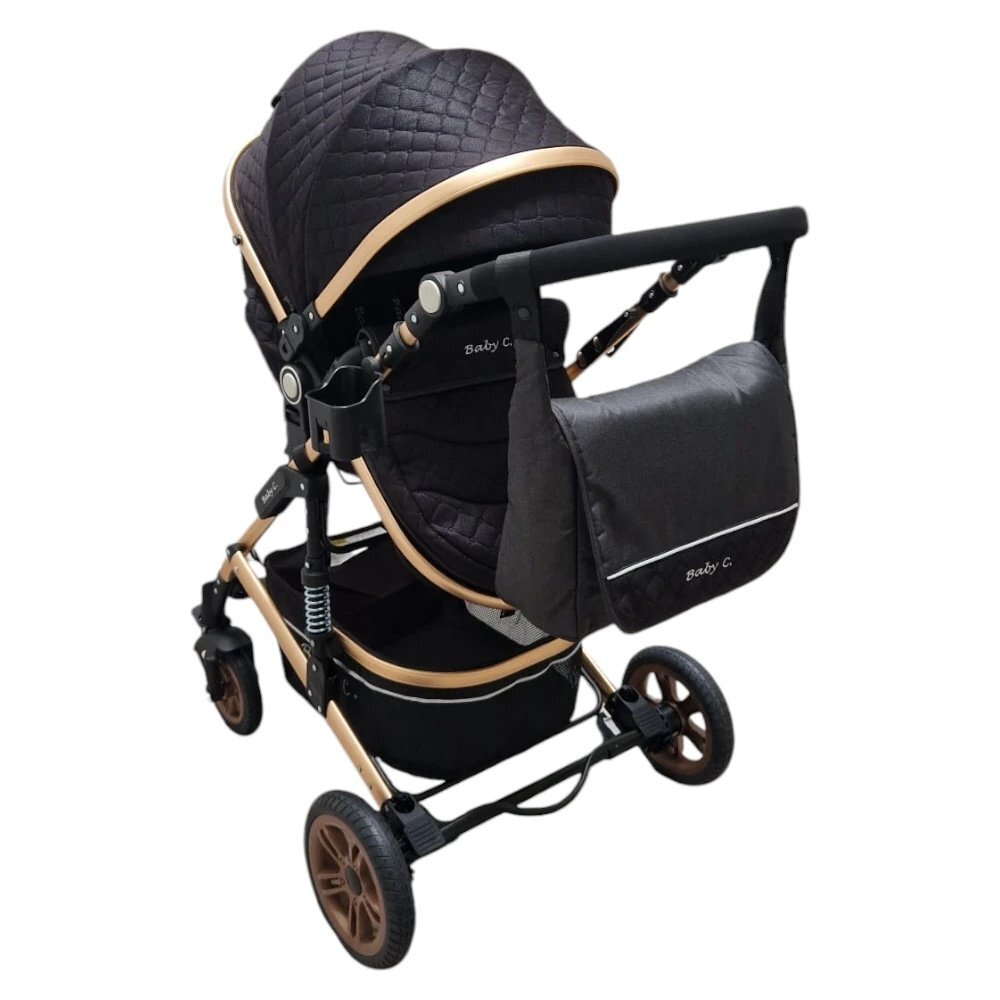 Baby Care Carucior pentru copii PRO 531 Negru 2 in 1 Cu geanta bebe Cadru Aluminiu Gold Amortizoare Roti din cauciuc plin Spatar reglabil 3 trepte Plasa insecte