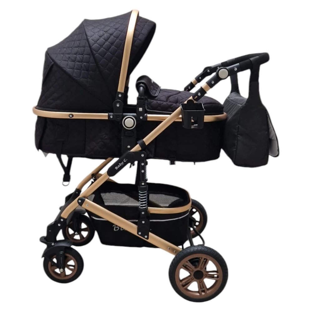 Baby Care Carucior pentru copii PRO 531 Negru 2 in 1 Cu geanta bebe Cadru Aluminiu Gold Amortizoare Roti din cauciuc plin Spatar reglabil 3 trepte Plasa insecte
