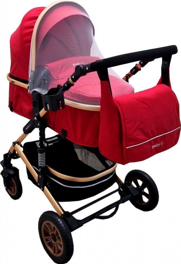 Baby Care Carucior pentru copii PRO 531 Rosu 2 in 1 Cu geanta bebe Cadru Aluminiu Gold Amortizoare Roti din cauciuc plin Spatar reglabil 3 trepte Plasa insecte