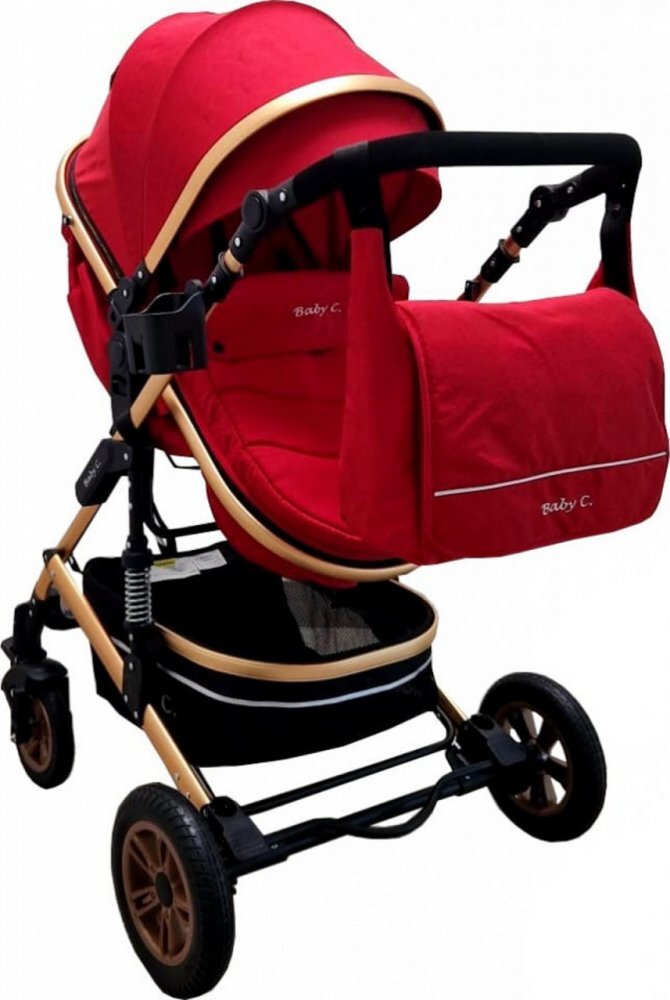 Baby Care Carucior pentru copii PRO 531 Rosu 2 in 1 Cu geanta bebe Cadru Aluminiu Gold Amortizoare Roti din cauciuc plin Spatar reglabil 3 trepte Plasa insecte