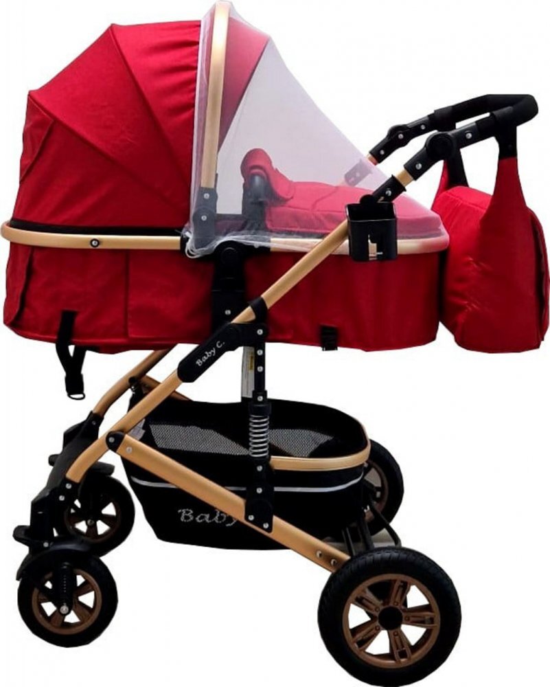 Baby Care Carucior pentru copii PRO 531 Rosu 2 in 1 Cu geanta bebe Cadru Aluminiu Gold Amortizoare Roti din cauciuc plin Spatar reglabil 3 trepte Plasa insecte