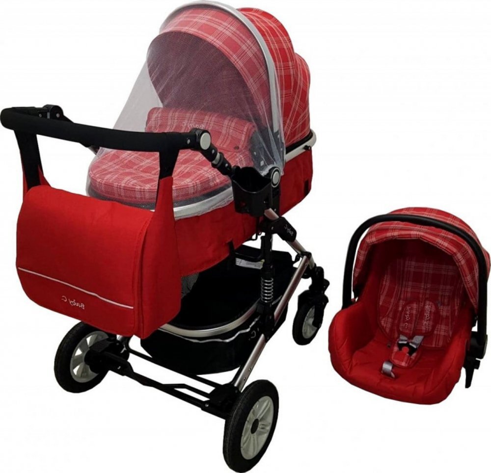 Baby Care Carucior pentru copii Pro 531 Rosu Carouri 3 in 1 Transformabil Cadru Aluminiu Amortizoare Roti din cauciuc Spatar reglabil 3 trepte Plasa insecte Geanta