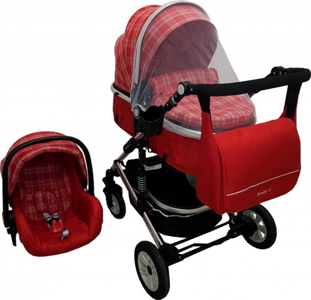 Baby Care Carucior pentru copii Pro 531 Rosu Carouri 3 in 1 Transformabil Cadru Aluminiu Amortizoare Roti din cauciuc Spatar reglabil 3 trepte Plasa insecte Geanta