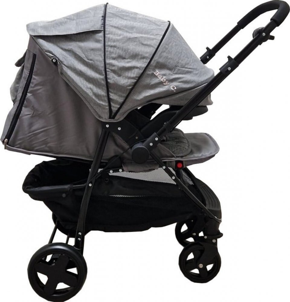 Baby Care Carucior pentru copii Pro SK10 Gri Jeans cu Maner reversibil Spatar reglabil in 3 trepte Frana picior Pliabil