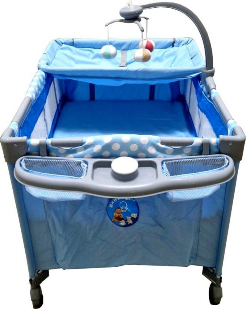 Baby Care Patut copii PRO FMAT Albastru Pliabil 2 Niveluri de inaltime Melodii Masa infasat Carusel cu jucarii din plus Plasa insecte