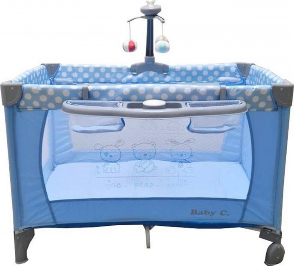 Baby Care Patut copii PRO FMAT Albastru Pliabil 2 Niveluri de inaltime Melodii Masa infasat Carusel cu jucarii din plus Plasa insecte
