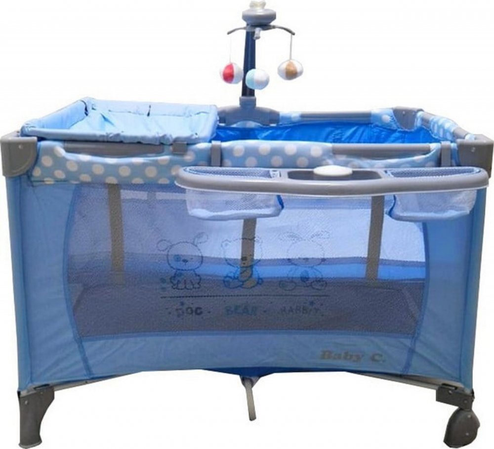 Baby Care Patut copii PRO FMAT Albastru Pliabil 2 Niveluri de inaltime Melodii Masa infasat Carusel cu jucarii din plus Plasa insecte