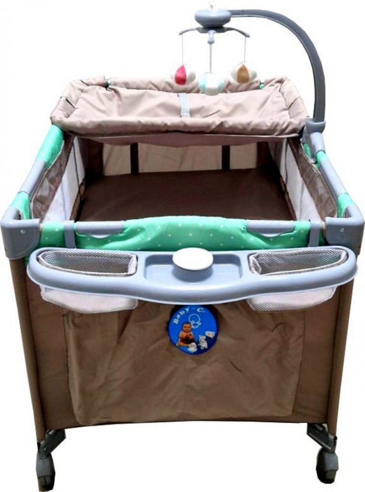 Baby Care Patut copii PRO FMAT Maro Pliabil 2 Niveluri de inaltime Melodii Masa infasat Carusel cu jucarii din plus Plasa insecte