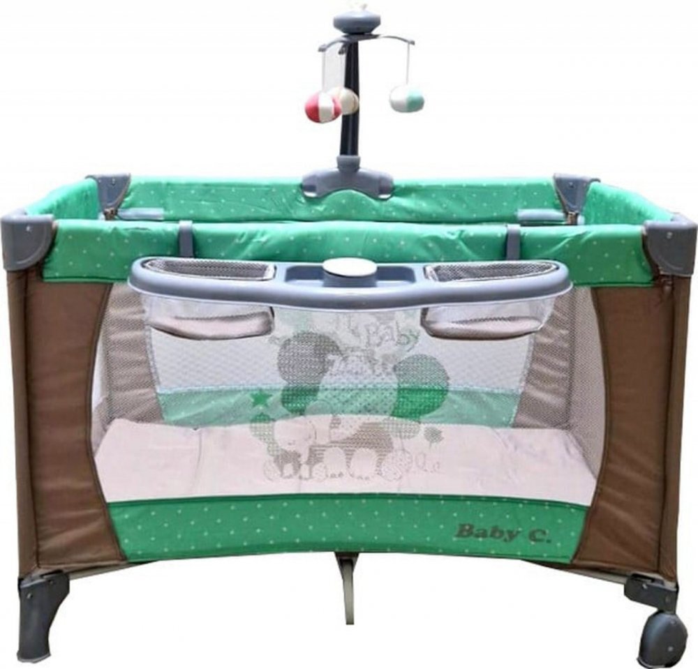 Baby Care Patut copii PRO FMAT Maro Pliabil 2 Niveluri de inaltime Melodii Masa infasat Carusel cu jucarii din plus Plasa insecte