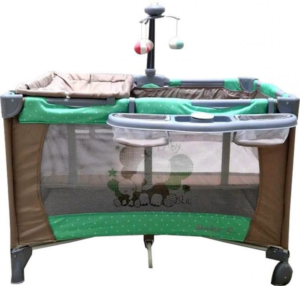 Baby Care Patut copii PRO FMAT Maro Pliabil 2 Niveluri de inaltime Melodii Masa infasat Carusel cu jucarii din plus Plasa insecte
