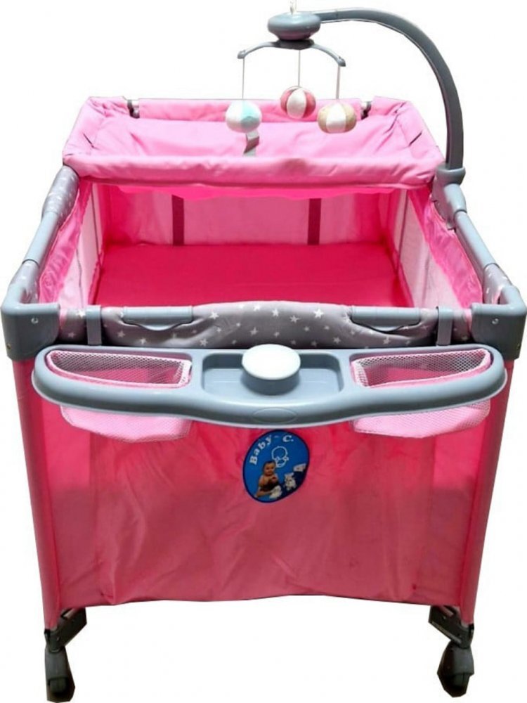 Baby Care Patut copii PRO FMAT Roz Pliabil 2 Niveluri de inaltime Melodii Masa infasat Carusel cu jucarii din plus Plasa insecte