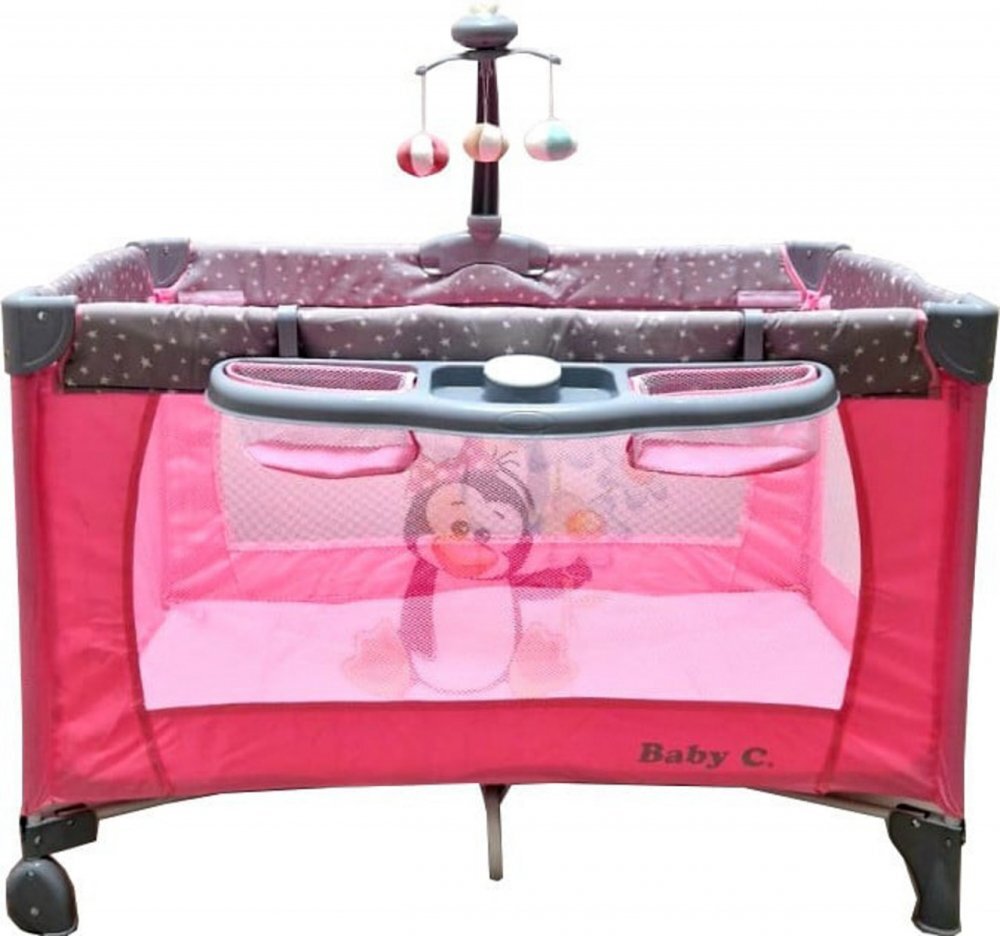 Baby Care Patut copii PRO FMAT Roz Pliabil 2 Niveluri de inaltime Melodii Masa infasat Carusel cu jucarii din plus Plasa insecte