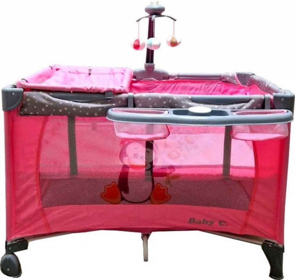 Baby Care Patut copii PRO FMAT Roz Pliabil 2 Niveluri de inaltime Melodii Masa infasat Carusel cu jucarii din plus Plasa insecte