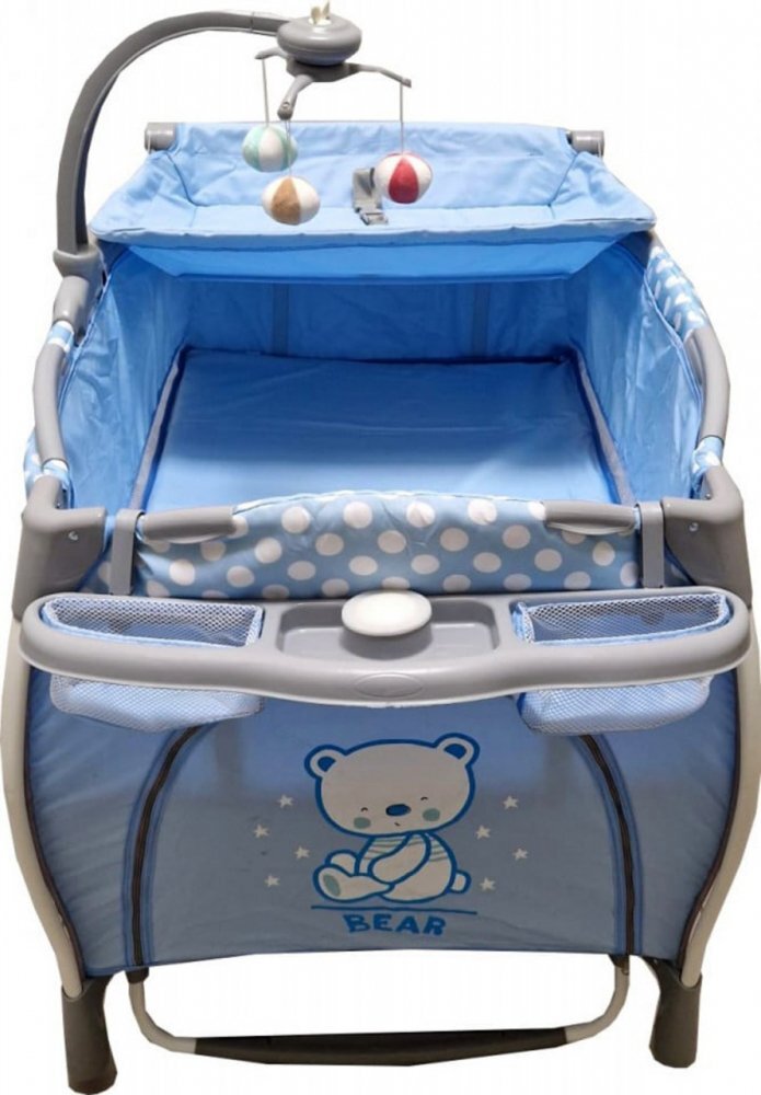 Baby Care Patut pentru copii PRO FRW Albastru Pliabil cu Balansoar 2 Nivele de inaltime Melodii Masa infasat Carusel cu jucarii din plus Plasa insecte