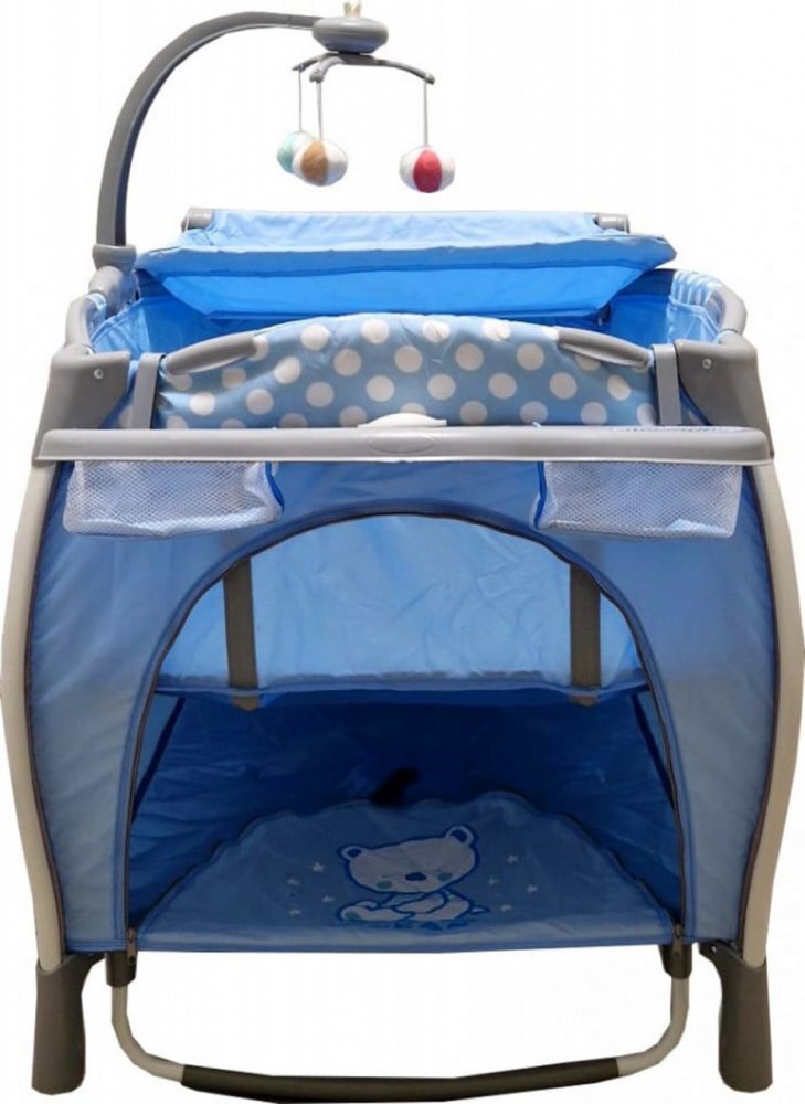 Baby Care Patut pentru copii PRO FRW Albastru Pliabil cu Balansoar 2 Nivele de inaltime Melodii Masa infasat Carusel cu jucarii din plus Plasa insecte