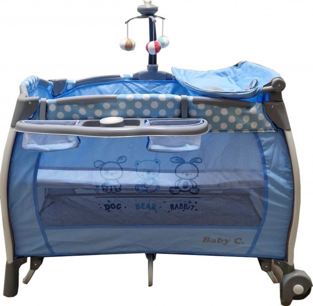 Baby Care Patut pentru copii PRO FRW Albastru Pliabil cu Balansoar 2 Nivele de inaltime Melodii Masa infasat Carusel cu jucarii din plus Plasa insecte
