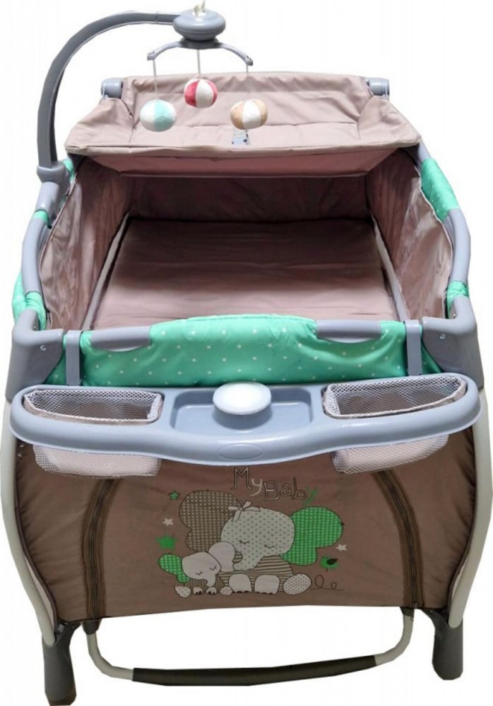 Baby Care Patut pentru copii PRO FRW Maro Verde Pliabil cu Balansoar 2 Nivele de inaltime Melodii Masa infasat Carusel cu jucarii din plus Plasa insecte