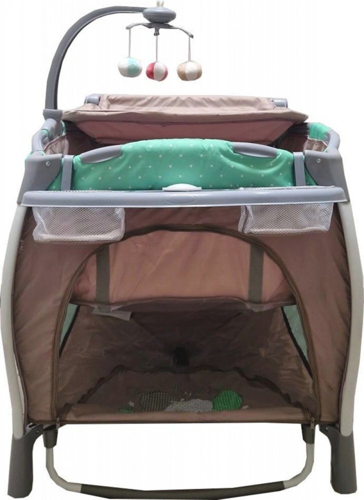 Baby Care Patut pentru copii PRO FRW Maro Verde Pliabil cu Balansoar 2 Nivele de inaltime Melodii Masa infasat Carusel cu jucarii din plus Plasa insecte
