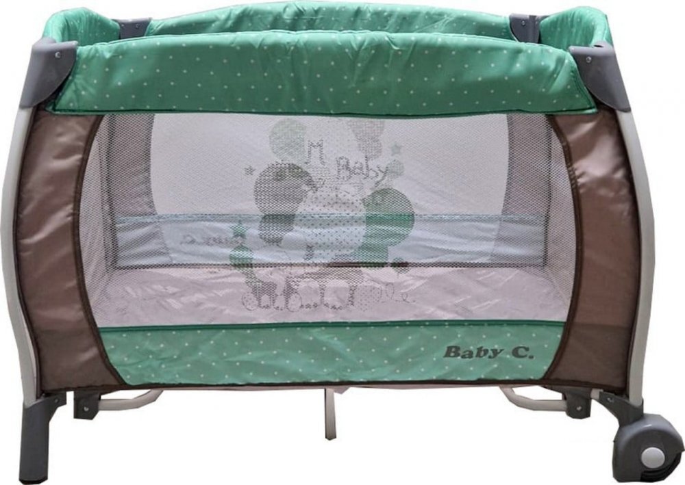 Baby Care Patut pentru copii PRO FRW Maro Verde Pliabil cu Balansoar 2 Nivele de inaltime Melodii Masa infasat Carusel cu jucarii din plus Plasa insecte