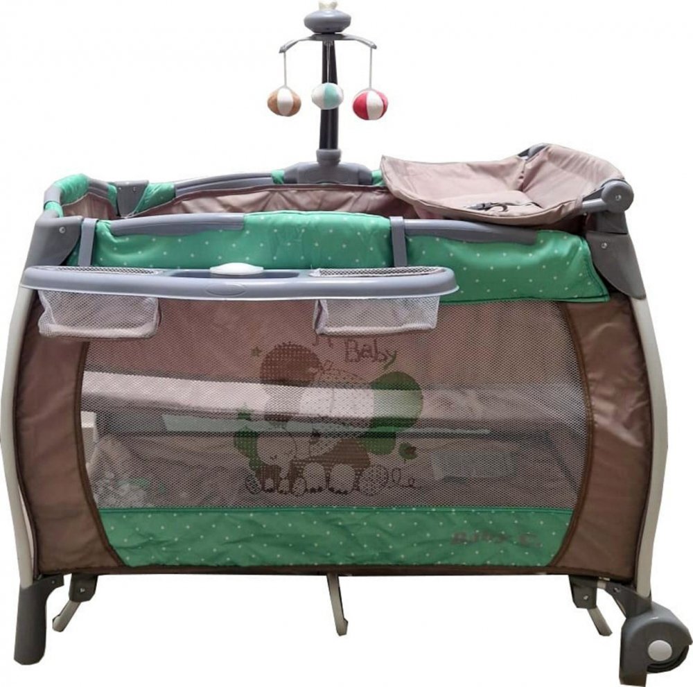 Baby Care Patut pentru copii PRO FRW Maro Verde Pliabil cu Balansoar 2 Nivele de inaltime Melodii Masa infasat Carusel cu jucarii din plus Plasa insecte