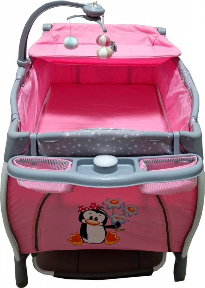 Baby Care Patut pentru copii PRO FRW Roz Pliabil cu Balansoar 2 Nivele de inaltime Melodii Masa infasat Carusel cu jucarii din plus Plasa insecte