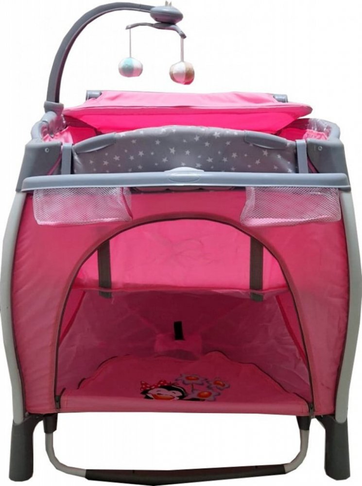 Baby Care Patut pentru copii PRO FRW Roz Pliabil cu Balansoar 2 Nivele de inaltime Melodii Masa infasat Carusel cu jucarii din plus Plasa insecte