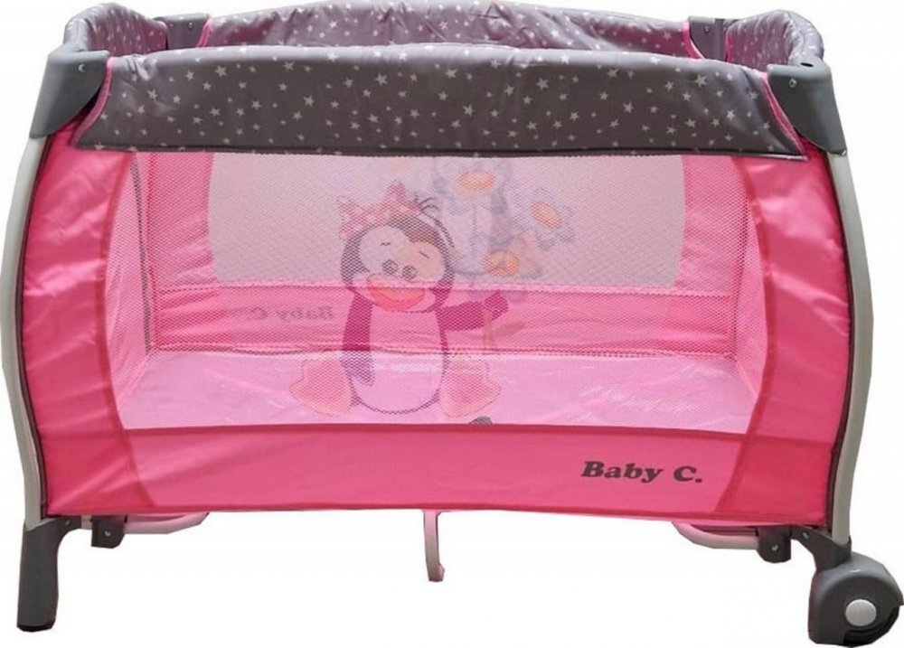 Baby Care Patut pentru copii PRO FRW Roz Pliabil cu Balansoar 2 Nivele de inaltime Melodii Masa infasat Carusel cu jucarii din plus Plasa insecte